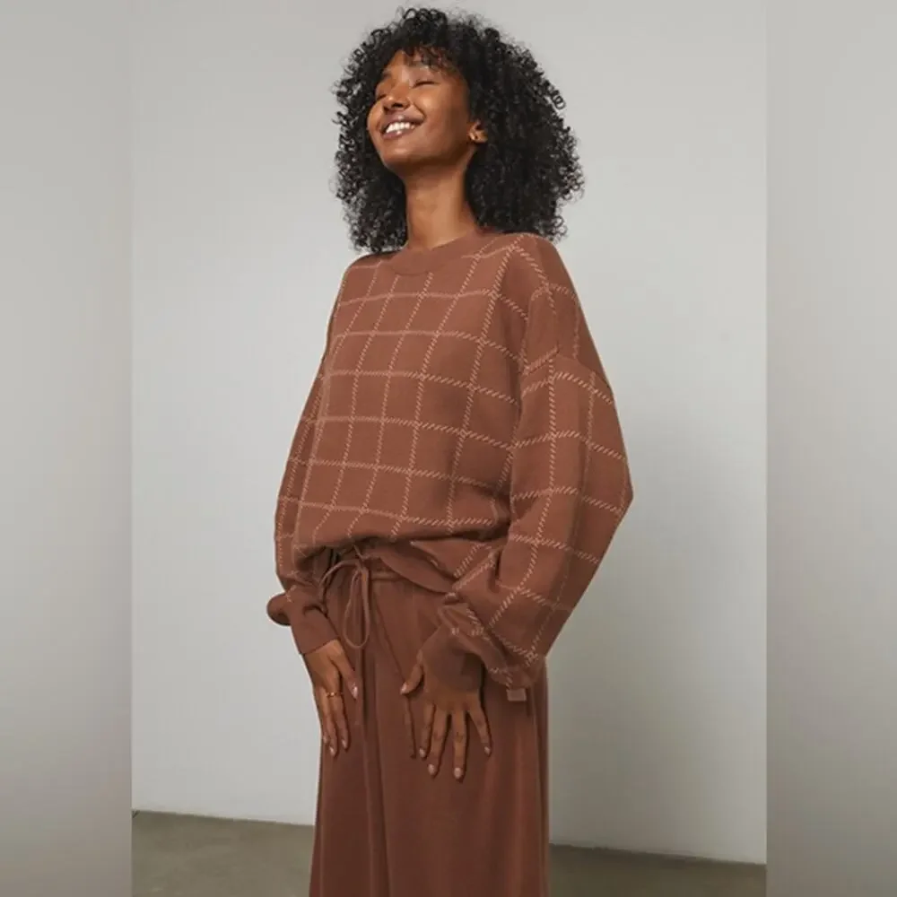 Lunya Cozy Cotton Silk Pullover Sweater Walnut Windowpane Brown NWT Medium NEW - Picture 4 of 11